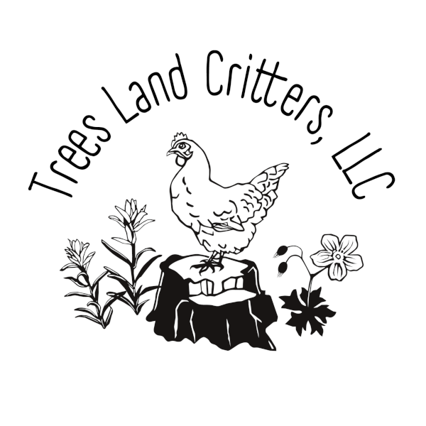 Trees Land Critters Logo: chicken on stump with flowers beside it.